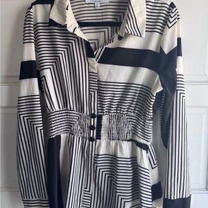 Sweet Rain Black and Cream Striped Geometric Blouse M